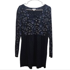 J. JILL Navy Contrast Floral V-Neck Long Sleeve Baby Doll Hem Tunic Size Medium